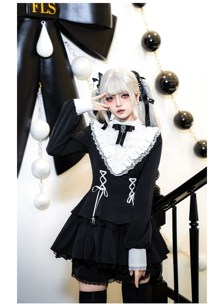 With Puji - Doki - Twin Lolita OP Black/White Goth Dress with Pocketed Shorts