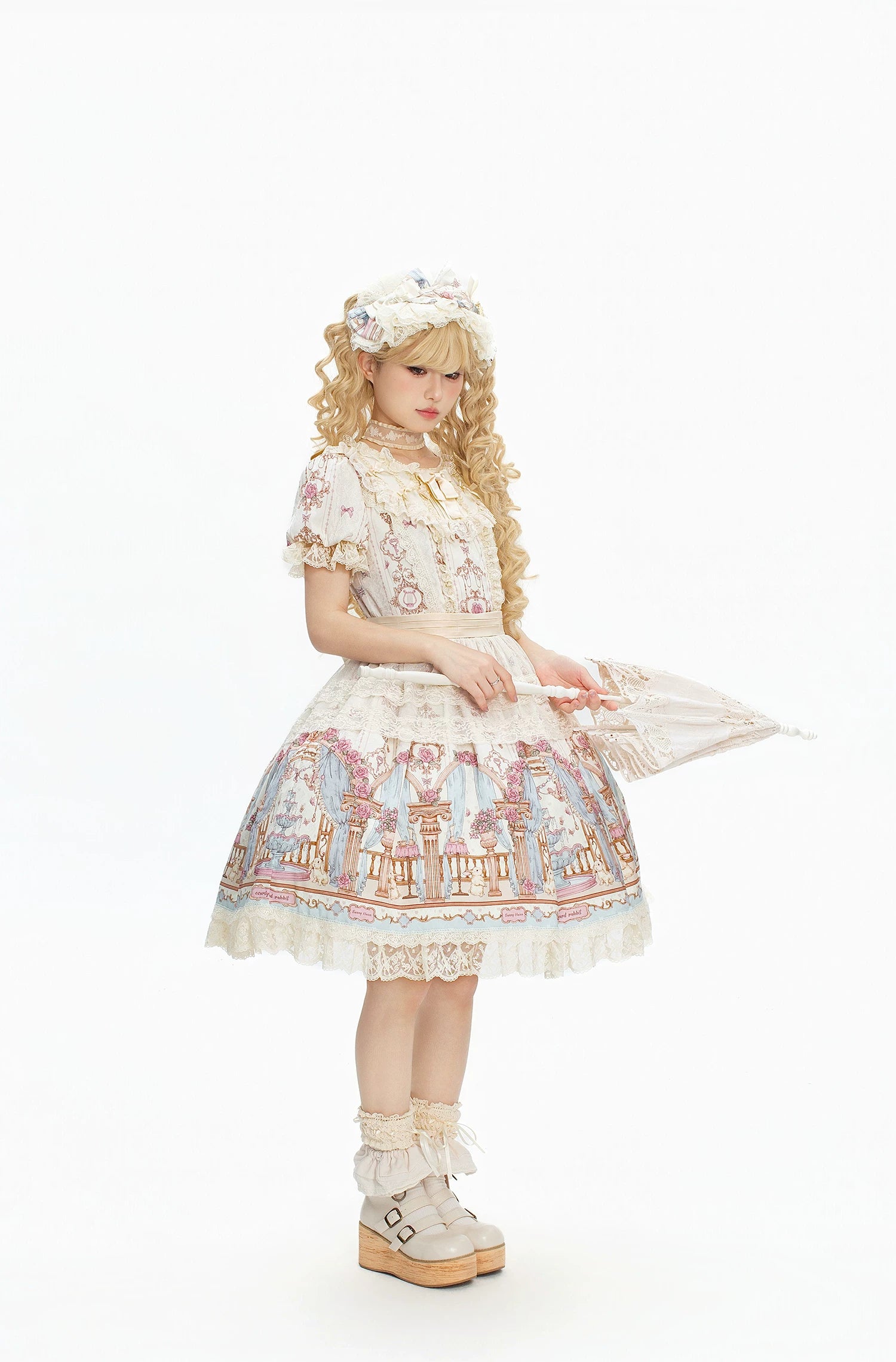 Wandering Rabbit's Palace - Doll-like Classic Lolita Palace Print OP Dress with Lace