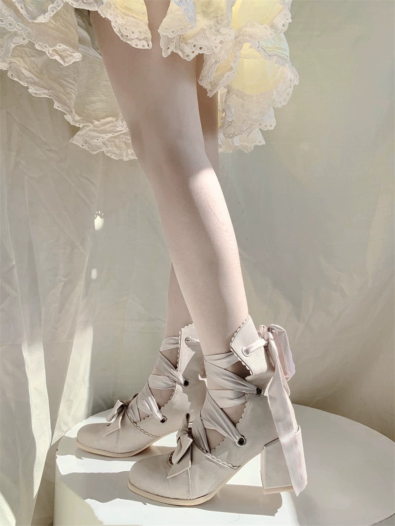 (BFM)MR.Qiutian~Muse Kiss~Elegant Lolita Shoes Lace-up Bow Heels Round Toe 33144:405890