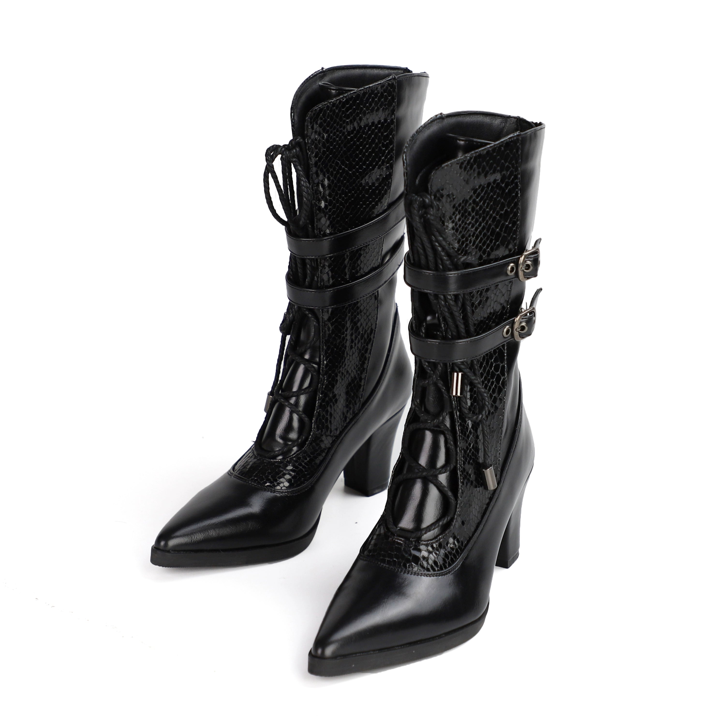 MODO - Gothic Lolita Heel Shoes, Faux Snakeskin Texture Black 34