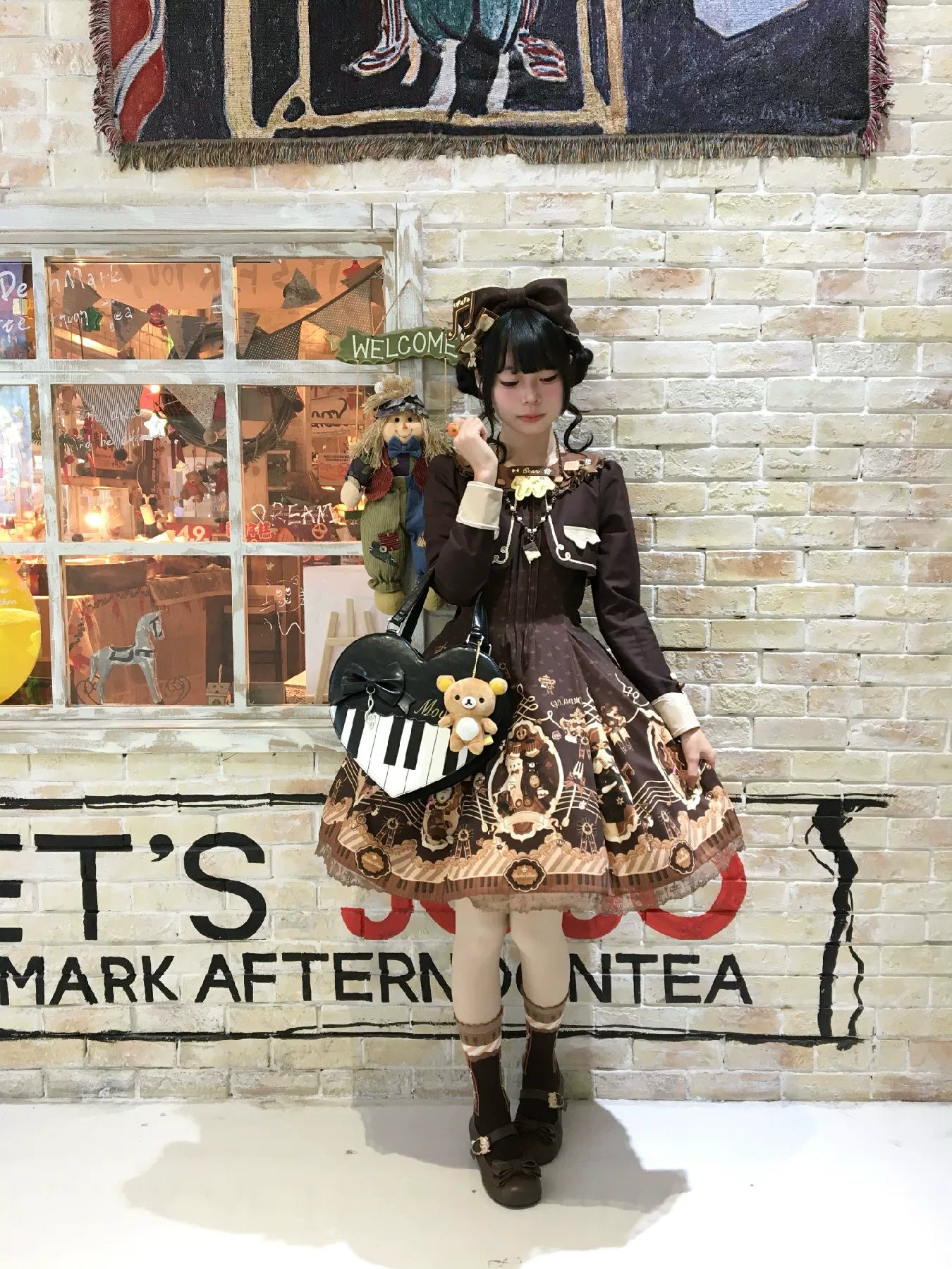 Cream Bear - Print Kawaii Lolita Fake Two-Piece OP, A-lined JSK Dress 44502:811620