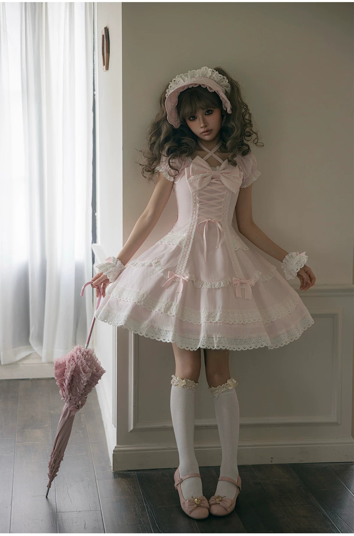 Showa Sweetheart - Old School Lolita OP Dress, Ruffled Lace Hem 45887:866776