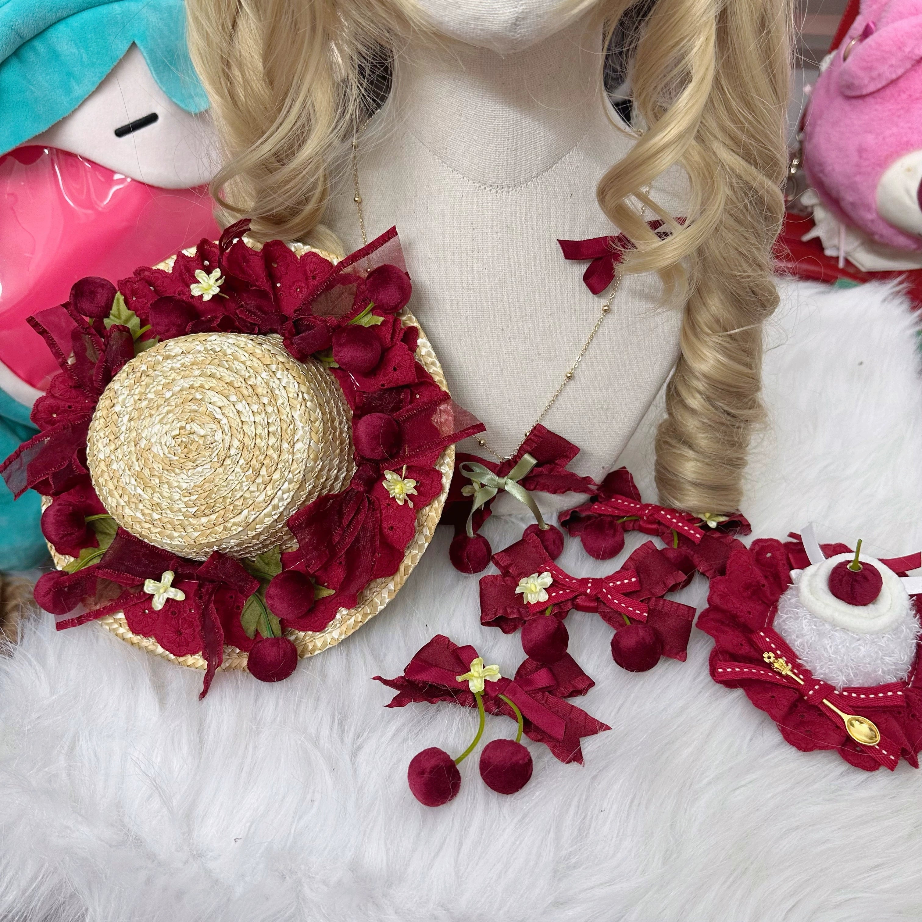 Chestnut Lolita~Sweet Lolita Headdress Cherry Hair Clip Straw Hat Necklace Handmade Set 36098:523248