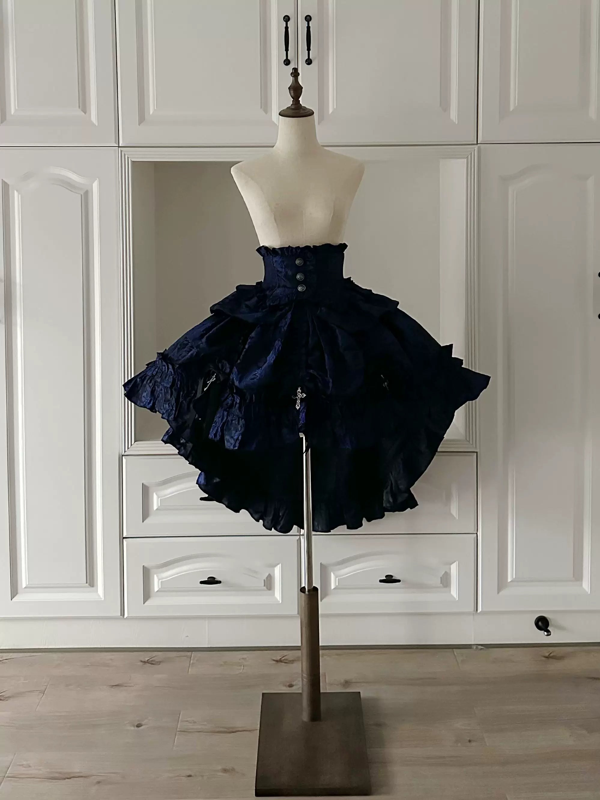 Cross Nocturne - Gothic Lolita Corset Dress Set, High-low Hem & Cross Blue and Black Skirt - Short Version Only S