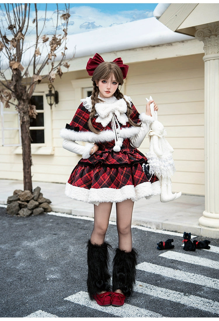 With PUJI - Snow Night Serenade - Fluffy Plaid Kawaii Lolita JSK, Reversible Cape 44279:802337