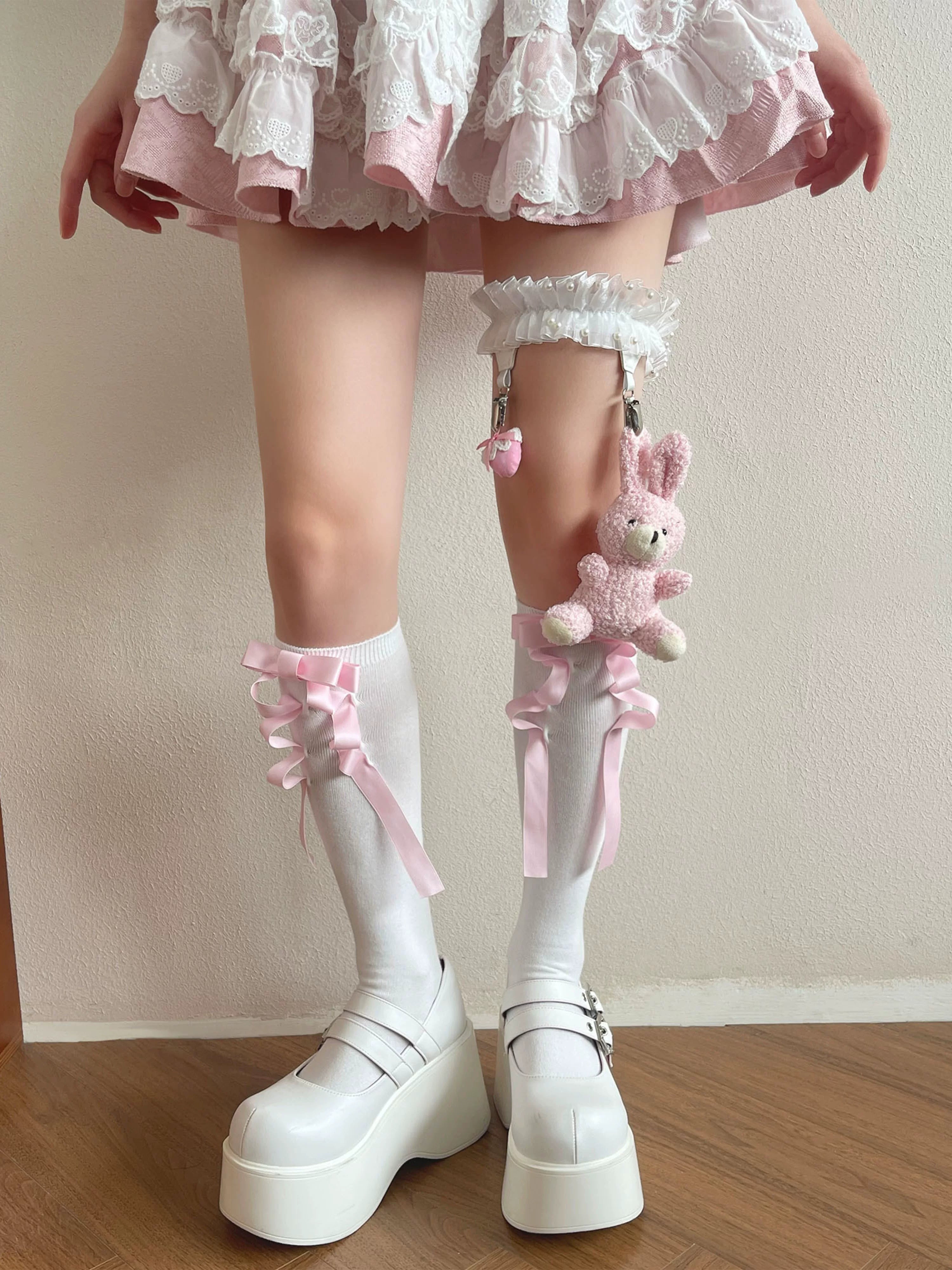Sweet Lolita Calf Socks, Doll Leg Garter, Little Rabbit & Bows White Calf Socks Only One Size