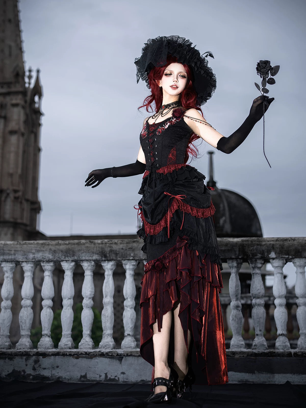 Bone Rot Bloom - Gothic Lolita Embroidered Camisole & Drawstring Lift-up Hem Skirt 45593:854860