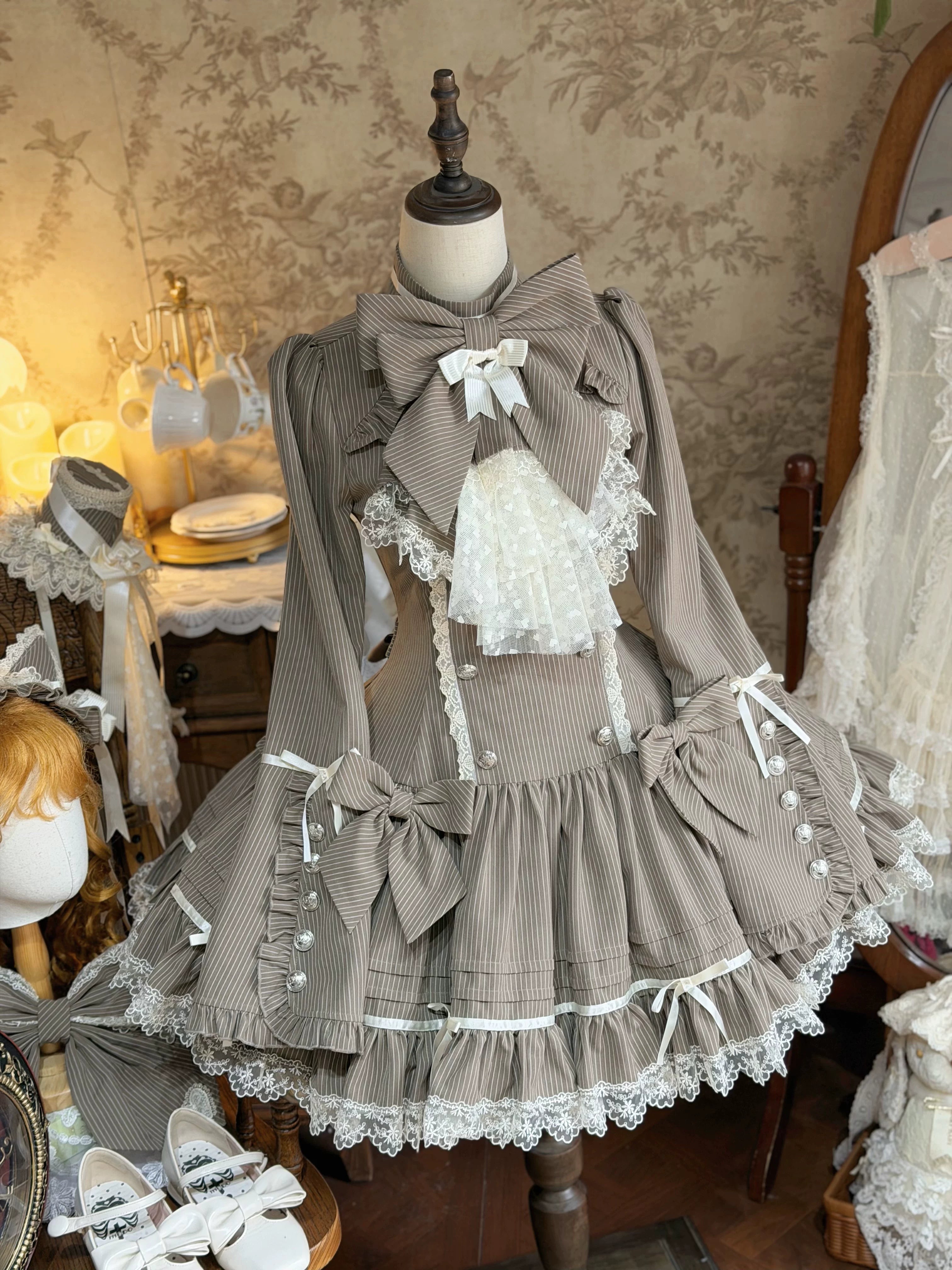 Phantom Kitty - Old School Lolita Low Waist OP Dress, Lace & Bow 45119:836178