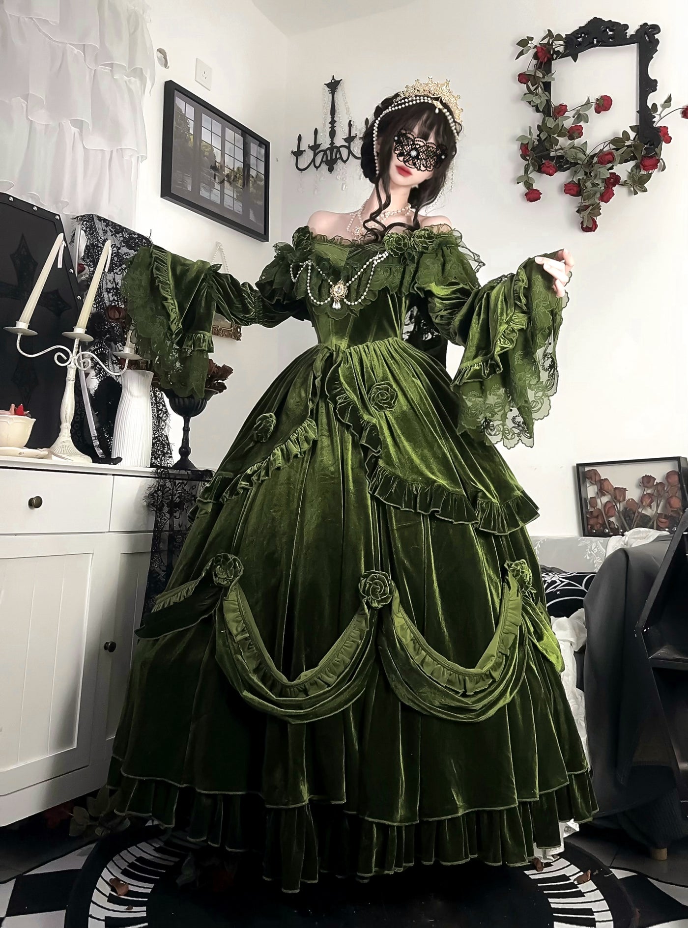 (BFM)Meowguo Sensen~Tana Manor~Elagant Lolita Dress and Accessories Multicolors velvet green a pair of detachable sleeves 