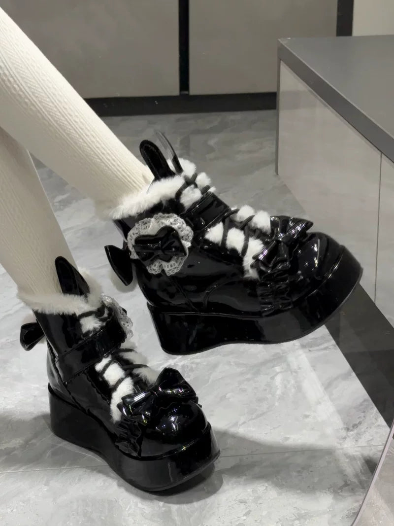 Bunny Tail - Fuzzy Kawaii Lolita Snow Boots, Detachable Plush Bow 44447:808597