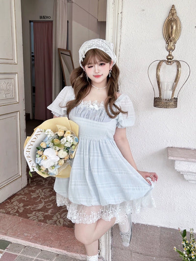 Yingtang~Plus Size Lolita OP Dress Short Sleeve Gentle Baby Blue Lolita Dress OP Dress XL 