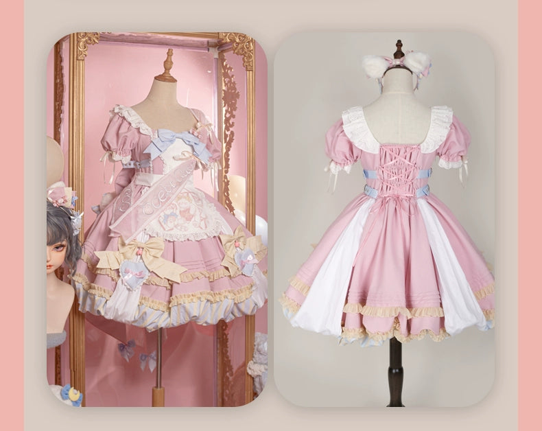 OCELOT~Sweet Lolita Pink Cat Tail OP Dress Set