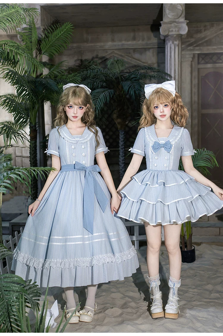Seven-Day Bell - Blue Classic Lolita Striped OP Dress, Sailor Collar