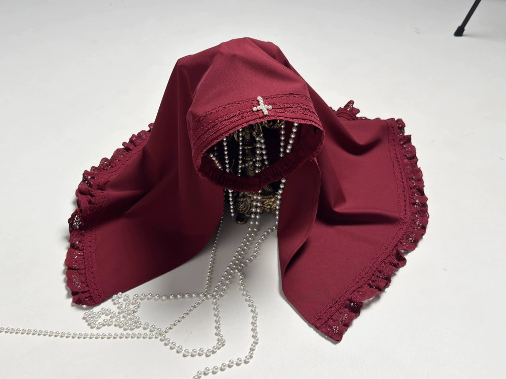 LeMiroir - Moonlit Prayer - Nun Lolita Crown, Elastic Headscarf Wine Red Headscarf