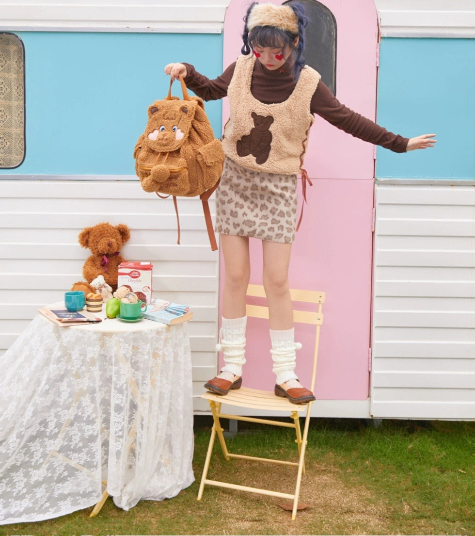 BerryQ - Chubbybear - Kawaii Lolita Plush Embroidered Brown Backpack