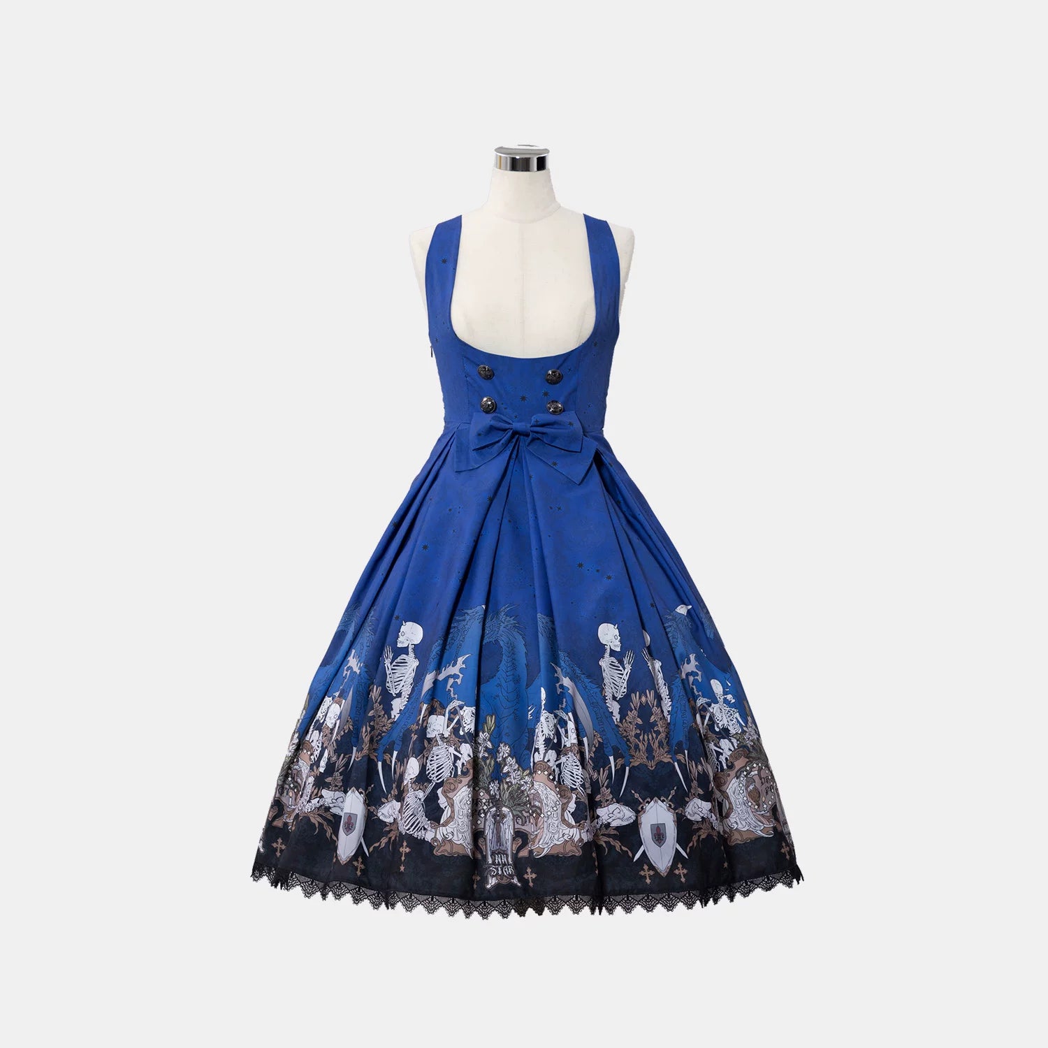 Dragon Bone Lily - Vintage Gothic Lolita Dragon & Skeleton Print JSK Dress (L M S XL) 45283:844476