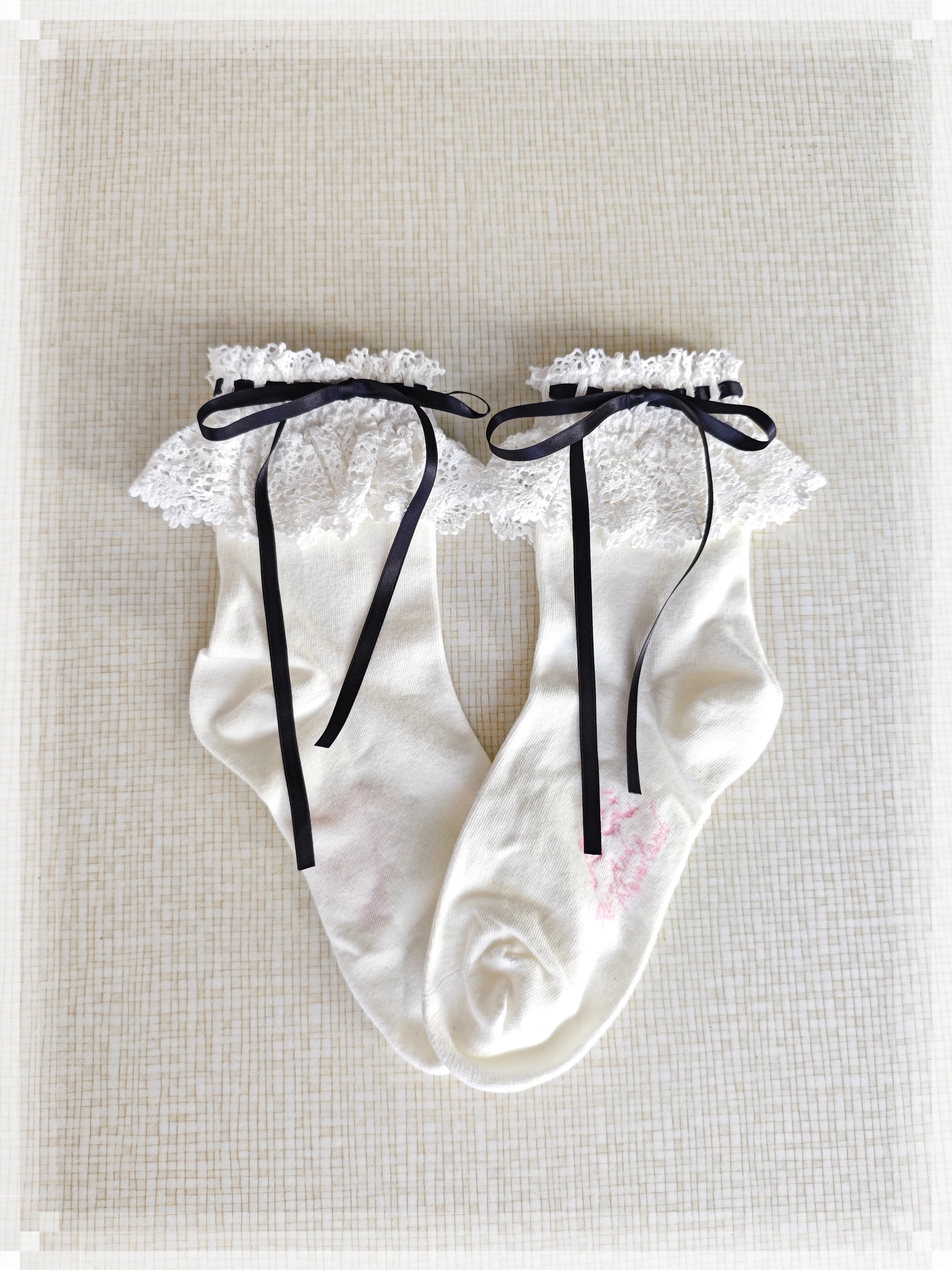 Cotton Old School Lolita White Socks with Colorful Ribbon Bows 45537:853881