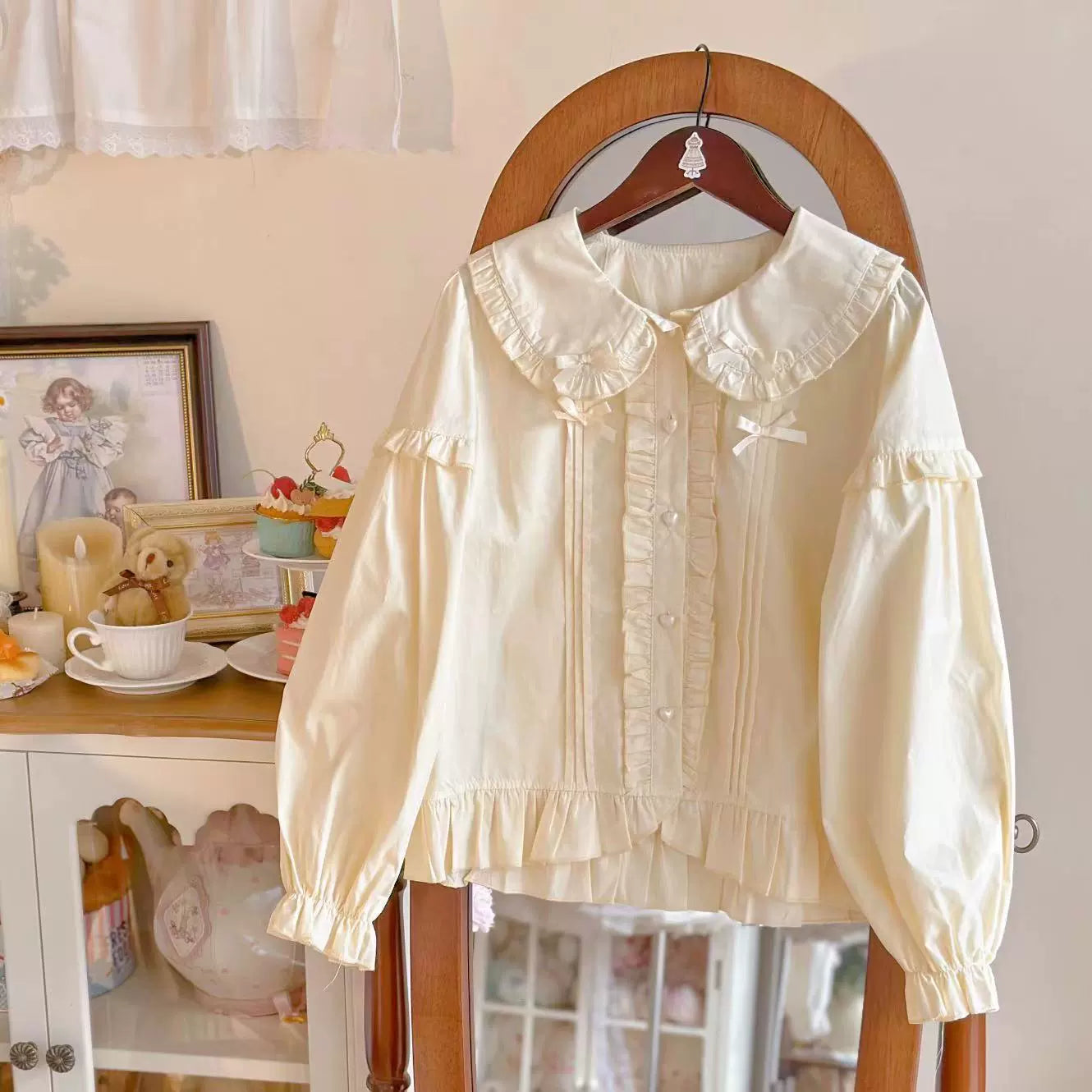 Sugar Girl - Sweet Lolita Blouse Bubble Sleeve Shirt M Apricot long-sleeved