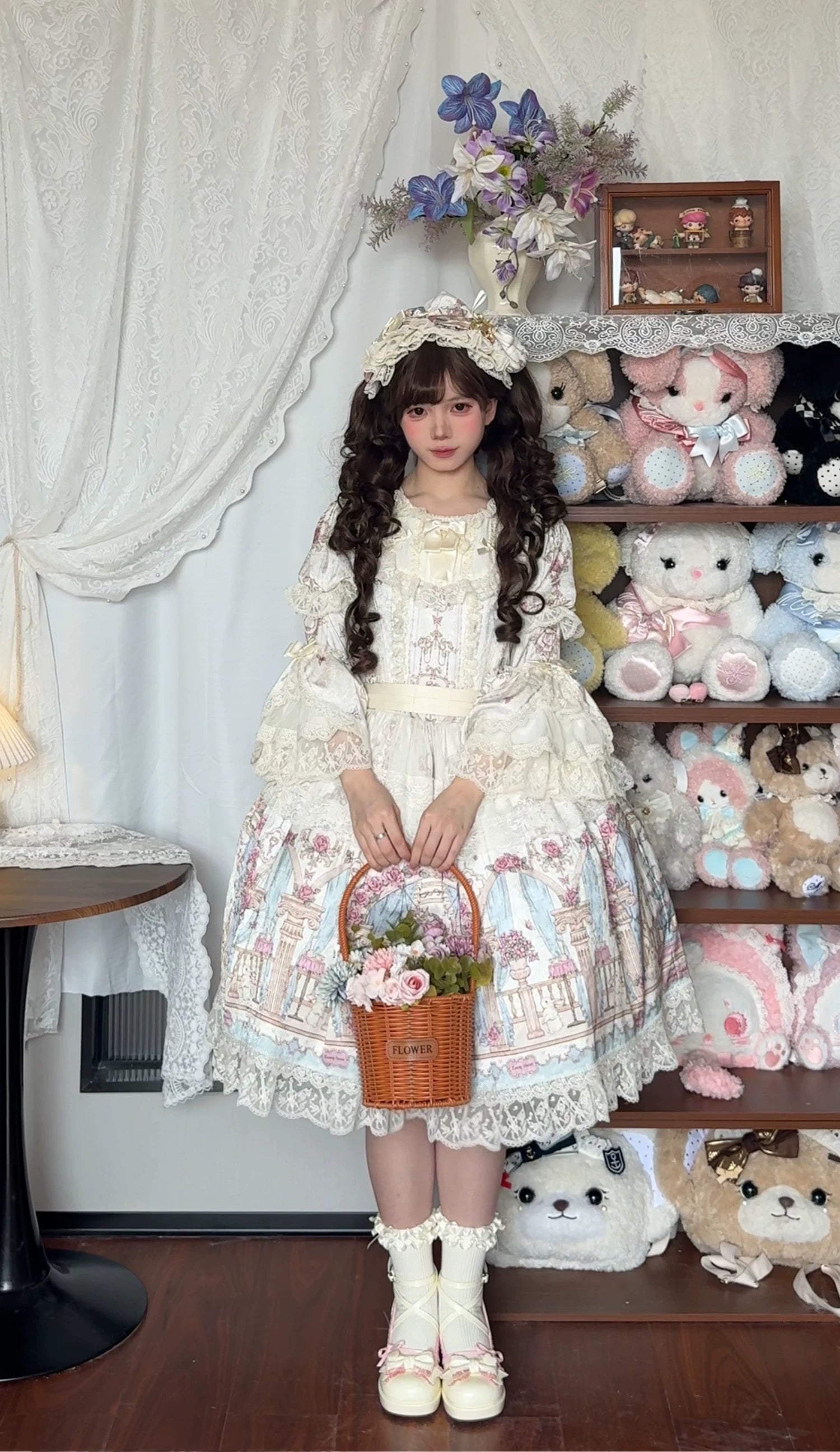 Wandering Rabbit's Palace - Doll-like Classic Lolita Palace Print OP Dress with Lace 45322:843927