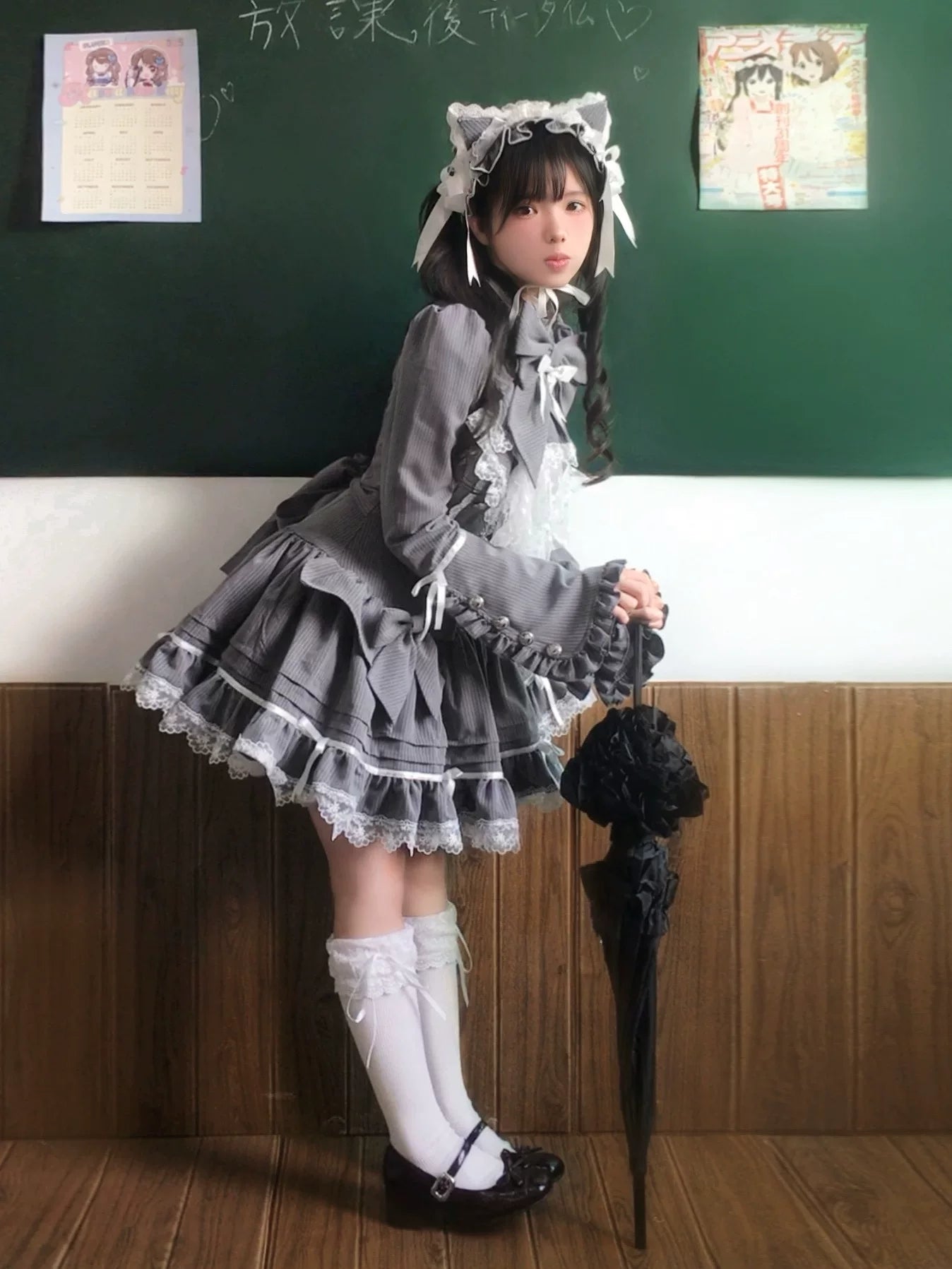 Phantom Kitty - Old School Lolita Low Waist OP Dress, Lace & Bow