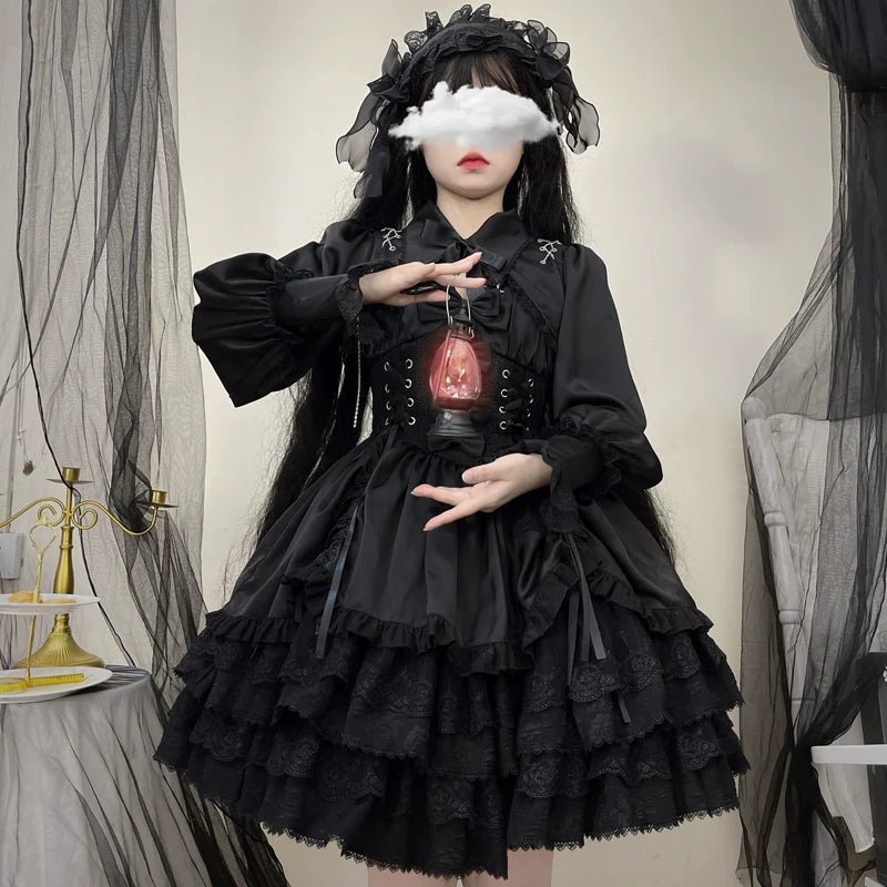 Hanguliang - Cross Medal - Black Gothic Lolita JSK, Tiered Skirt