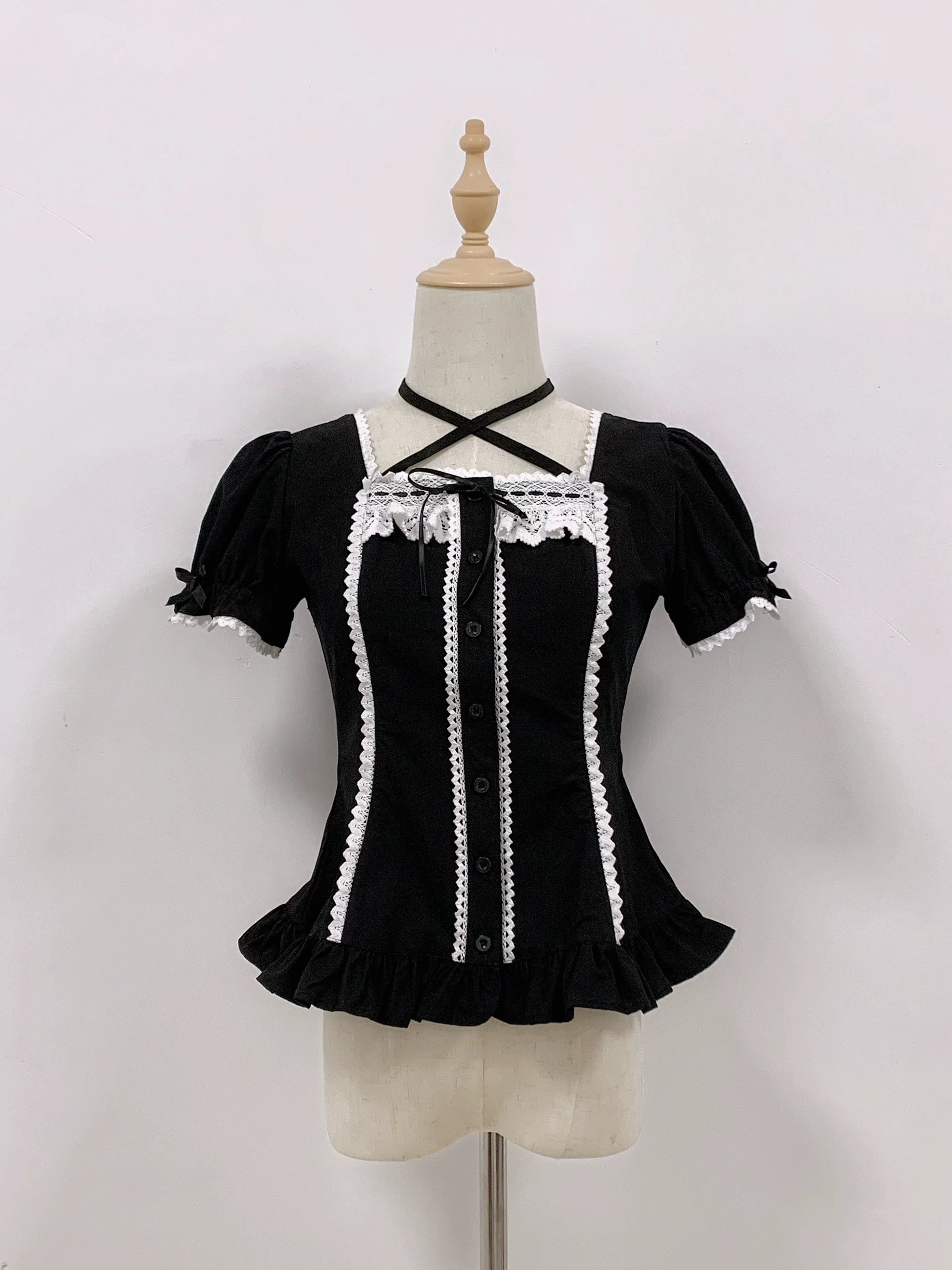 Haruhime Momoko - Cotton Old School Lolita Blouse, Cross Halter Neck Black and White - Short Sleeve Blouse Only One Size