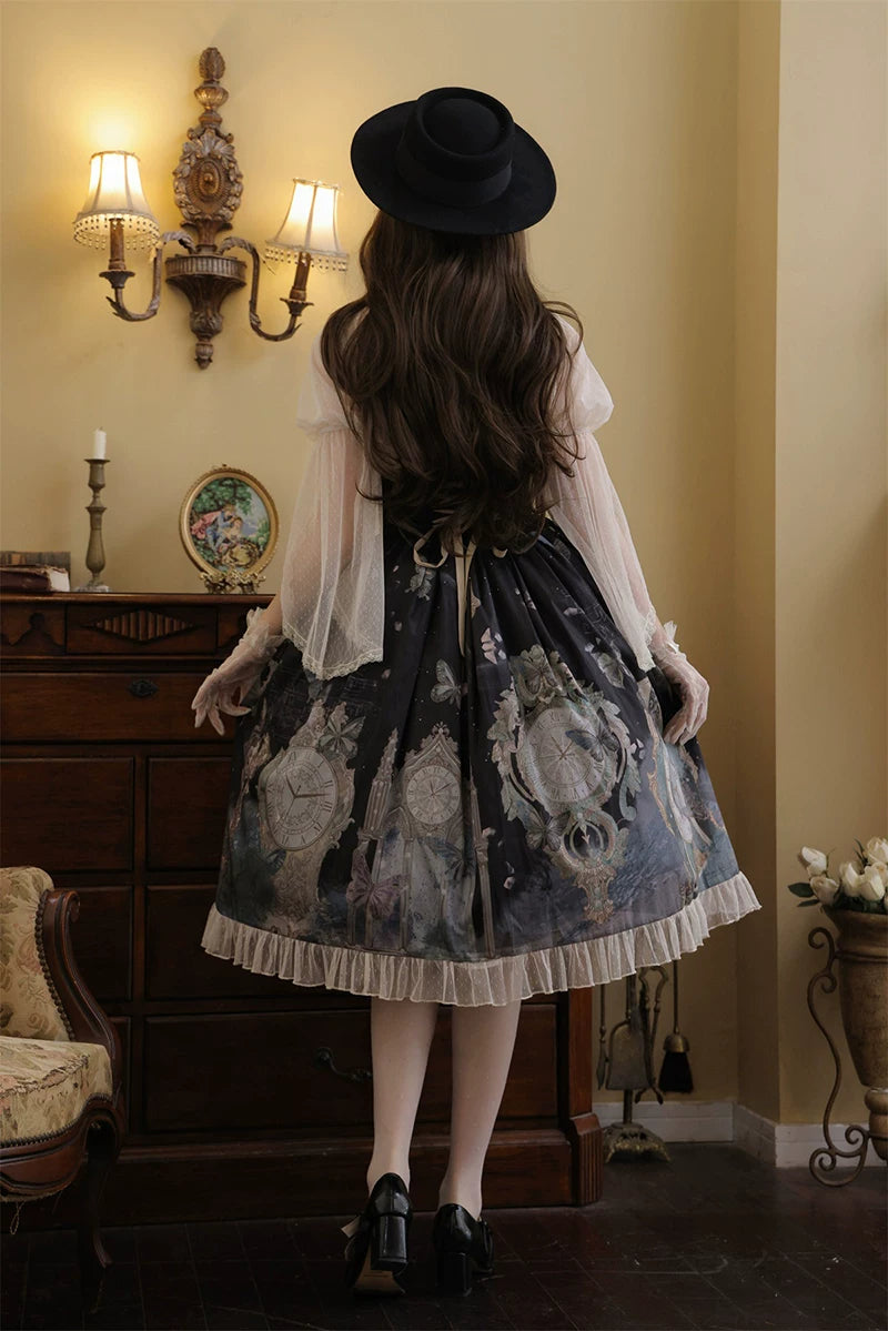 Clock Butterfly - Gothic Lolita Printed Blouse and Corset Skirt Set
