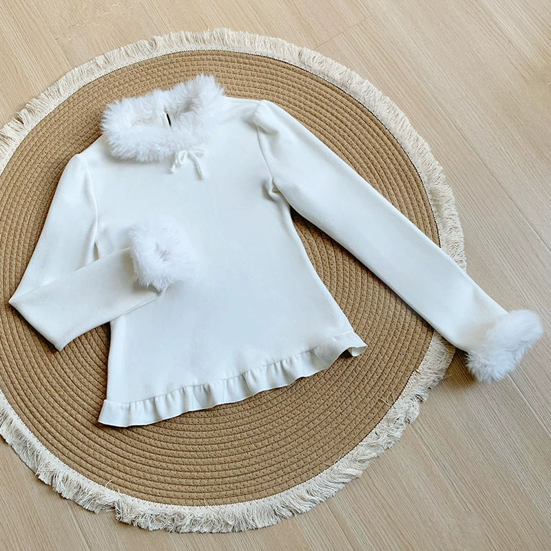 With PUJI - White Chocolate - Winter Elastic Lolita Top with Fuzzy Trims 44259:800856