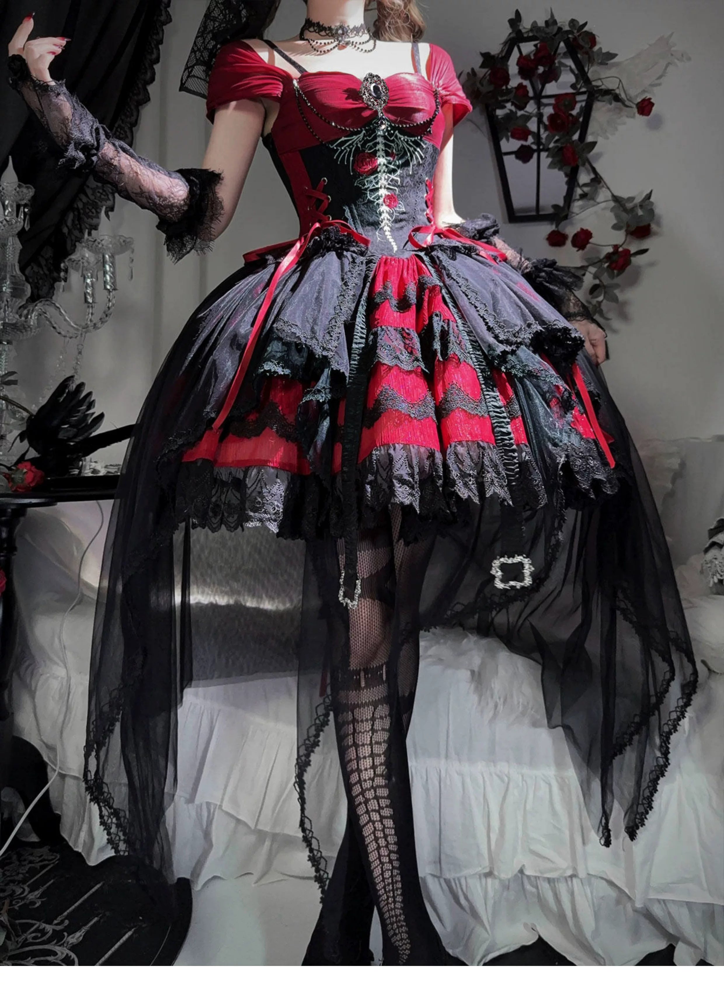 Eternal Thorn of the Dragonbone - Embroidered Gothic Lolita JSK Dress, Off-Shoulder