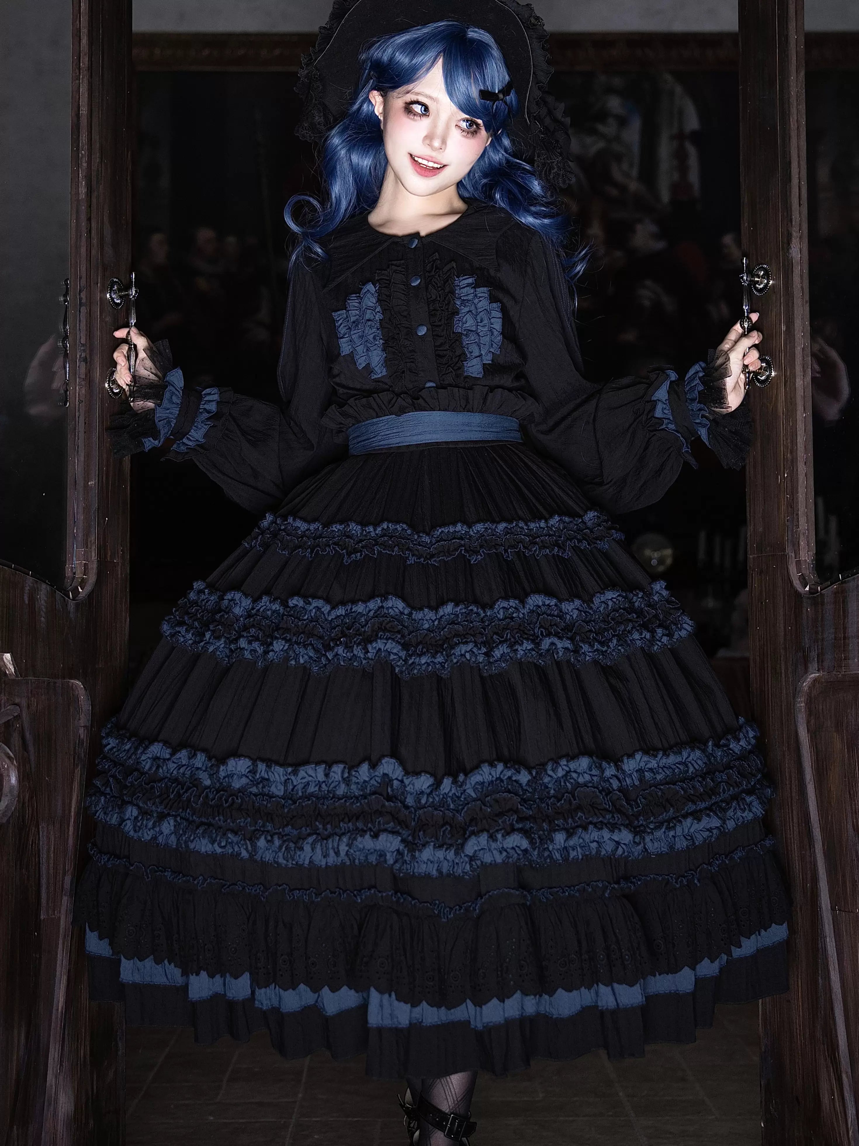 Wings and Bouquet - Dark Classic Lolita Blouse and SK Set, Layered Blue Ruffles 45680:858265
