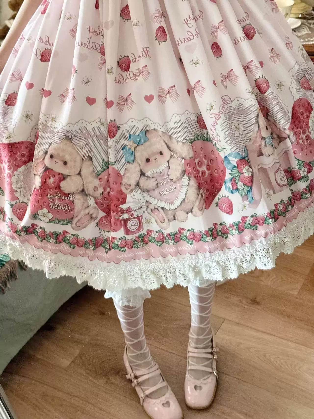 Rabbit Berry Gift Box SP - Printed Kawaii Lolita JSK, Elastic Ruffled Straps