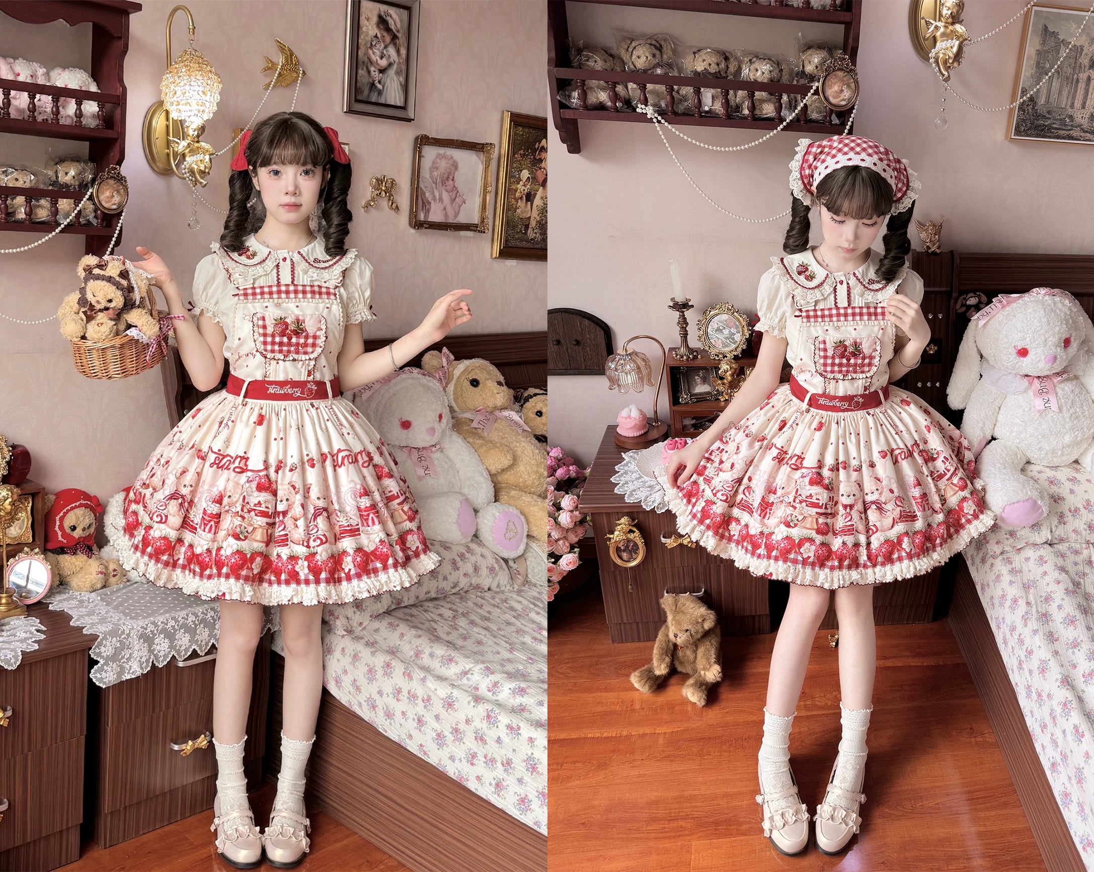 Velvet Strawberry - Sweet Lolita Salopette Dress, Bear & Strawberry Print