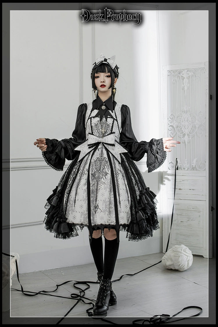 DuskProphecy - Coccyx - Elegant Lolita Dress High Waist Fishbone Print JSK Set 34722:466536