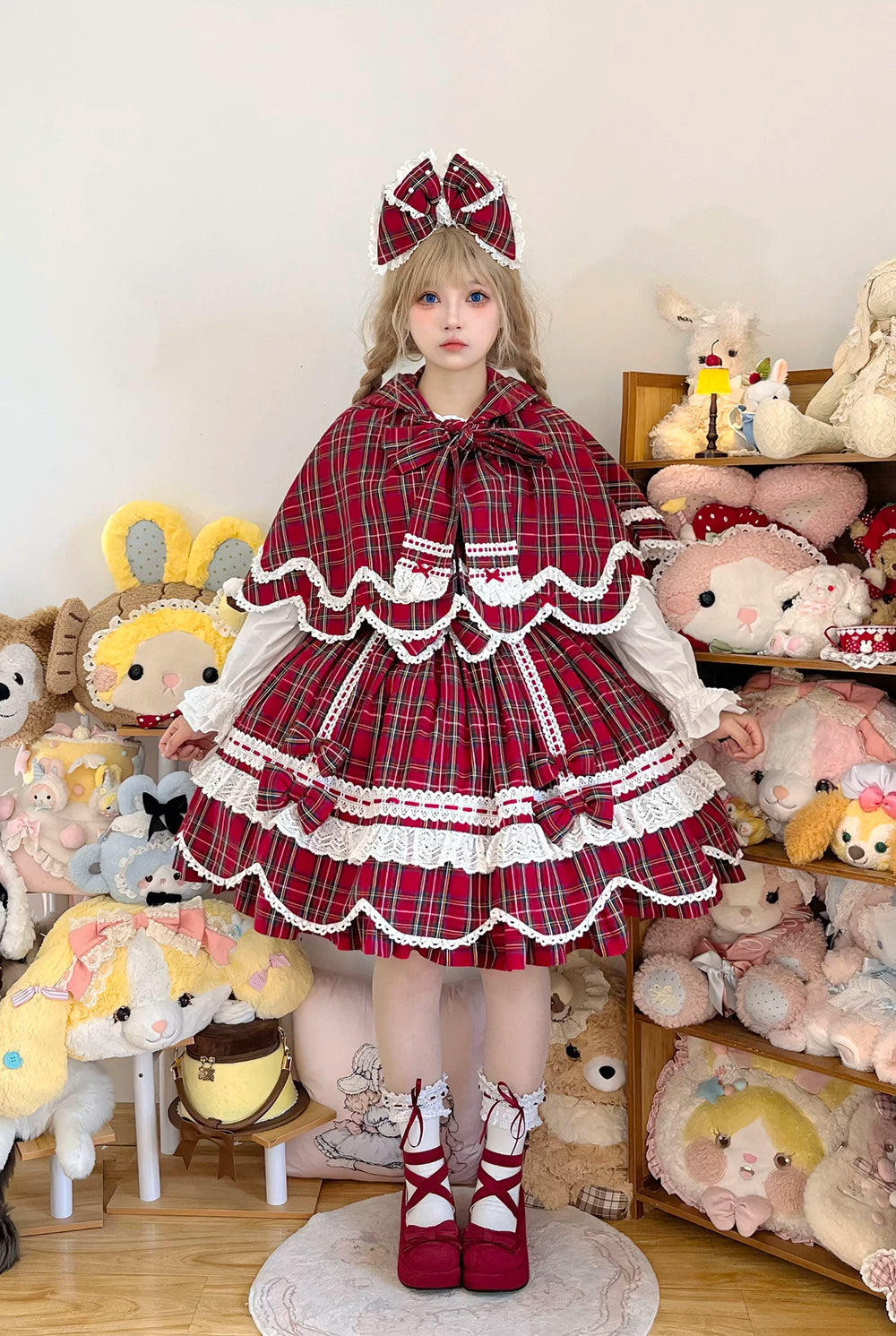 Plaid Petal Bunny - Old School Lolita Plaid OP Dress, Petal-shaped Hem 44673:818327
