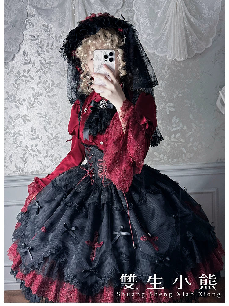 Dark Fog Feast - Gothic Lolita Bust-support Strap Dress, Lace & Cross 45256:842500