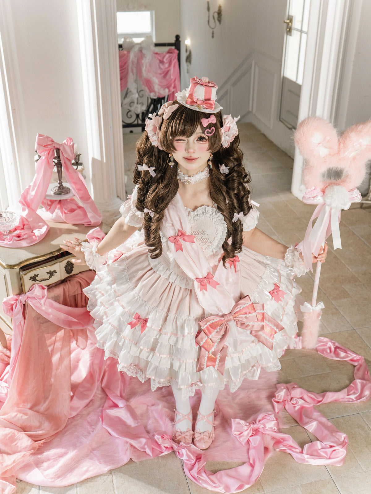 Sparkle Annie - Plus Size Sweet Lolita Top & SK Set, Cream Pink Pinstripe 45943:869242