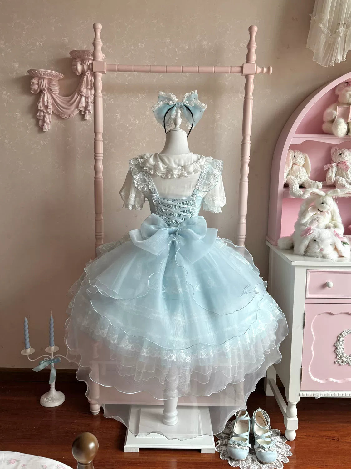 Hanguliang - Fudie Heart - Sweet Lolita JSK Dress With Tiered Skirt and Bow Trailing Blue JSK + Blue Bow Trailing S