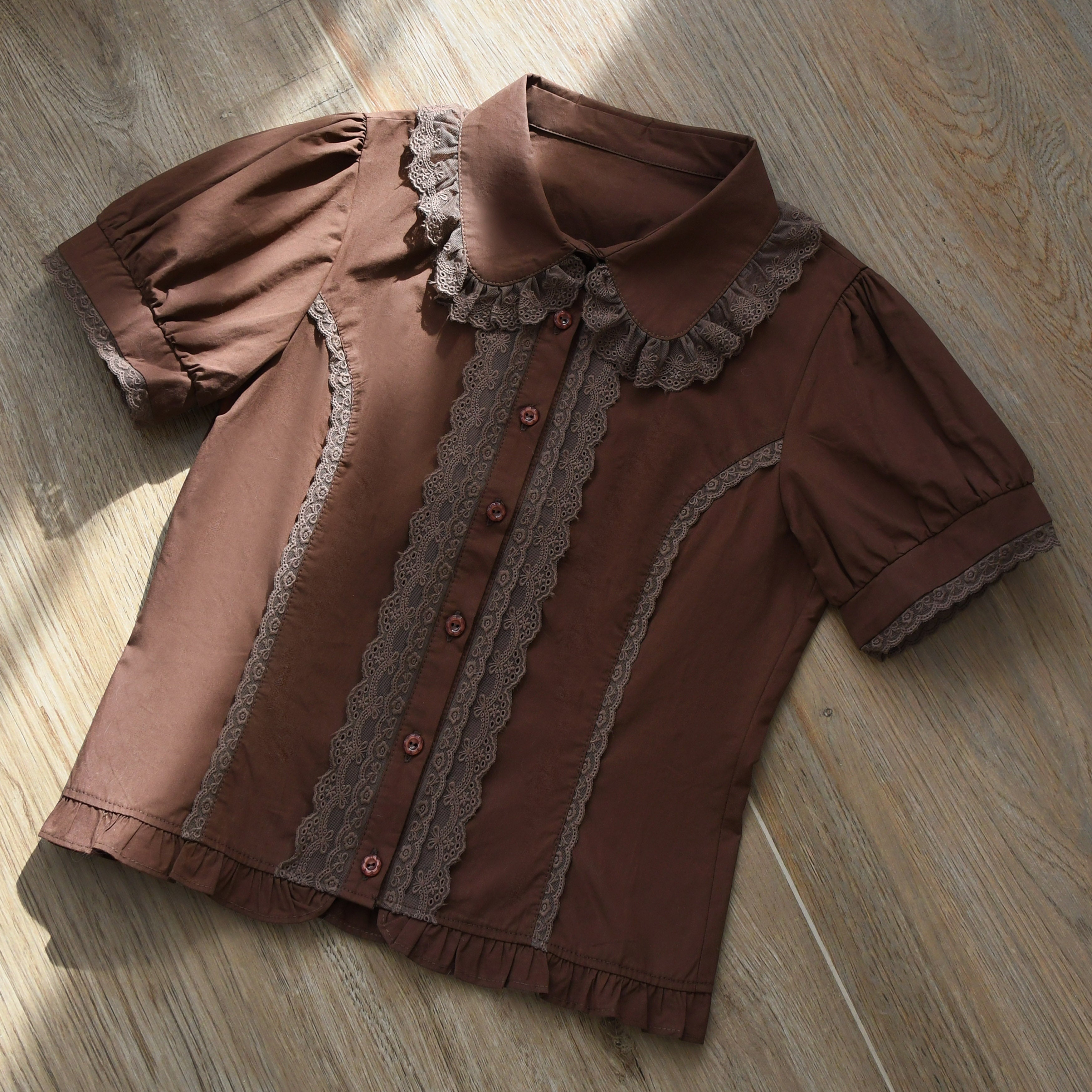 MIST - Lily - Cotton Retro Lolita Blouse with Lace Ruffles and Short Sleeve Coffee S
