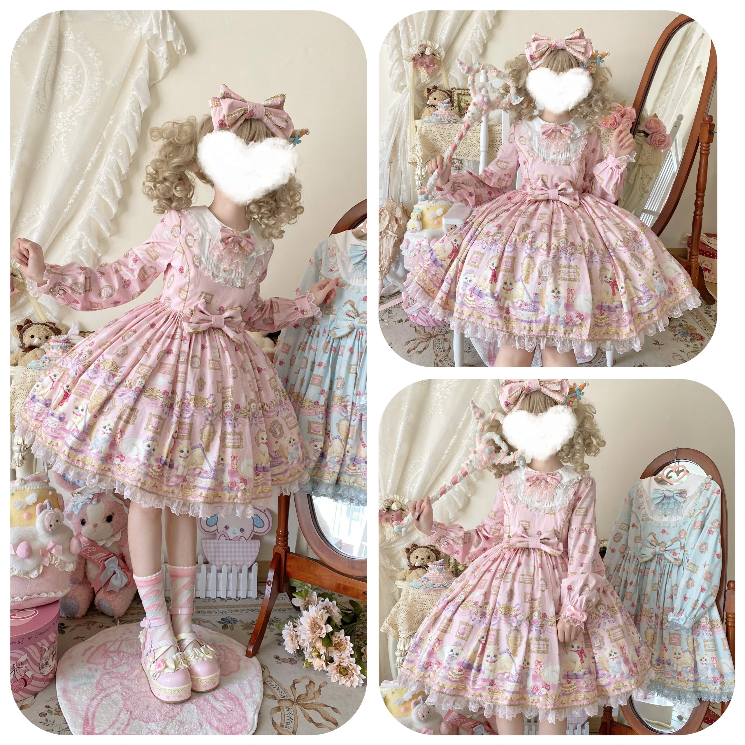 Discovering Treasures - Picture Frame Cat - Kawaii Lolita Dress Suit Cat Print JSK and OP 42605:746445