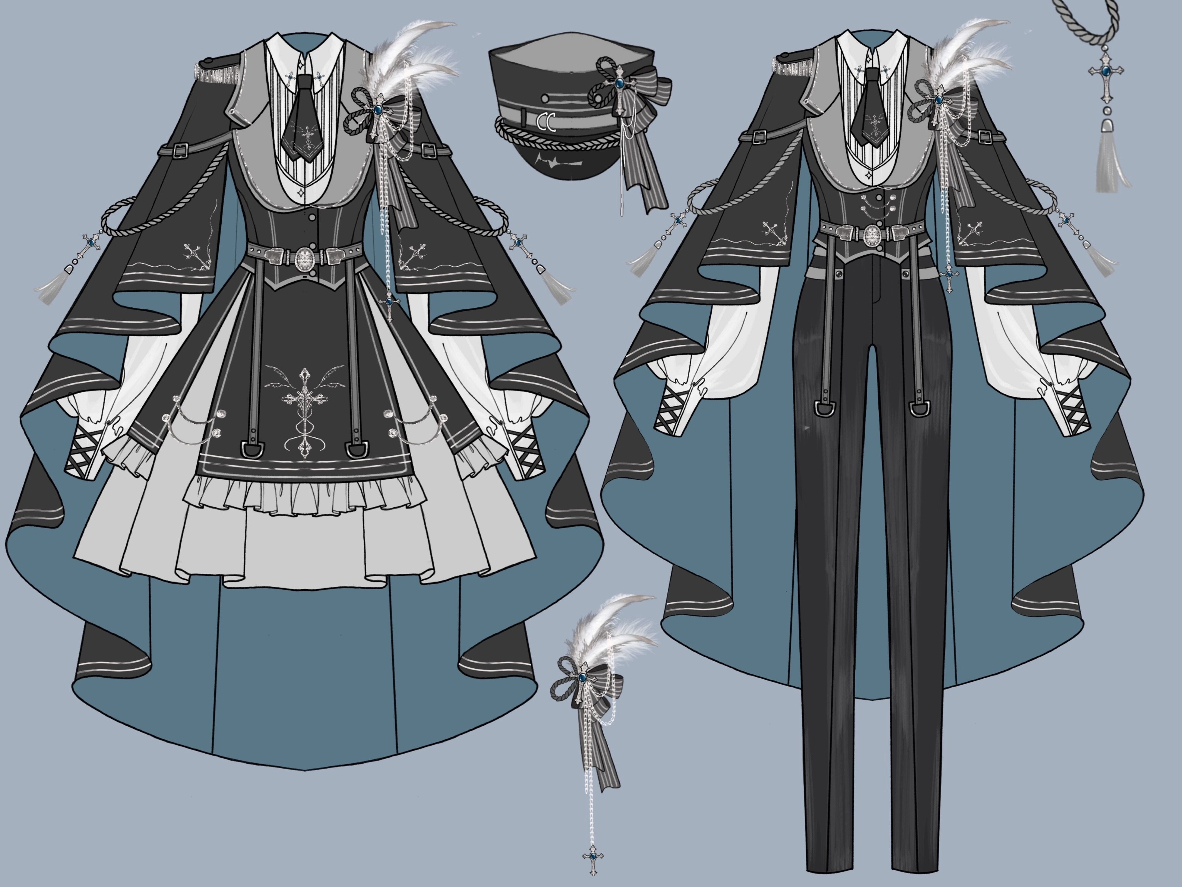 Dark Night Contract - Blue Military Lolita Pants Long Cape Couple Suit