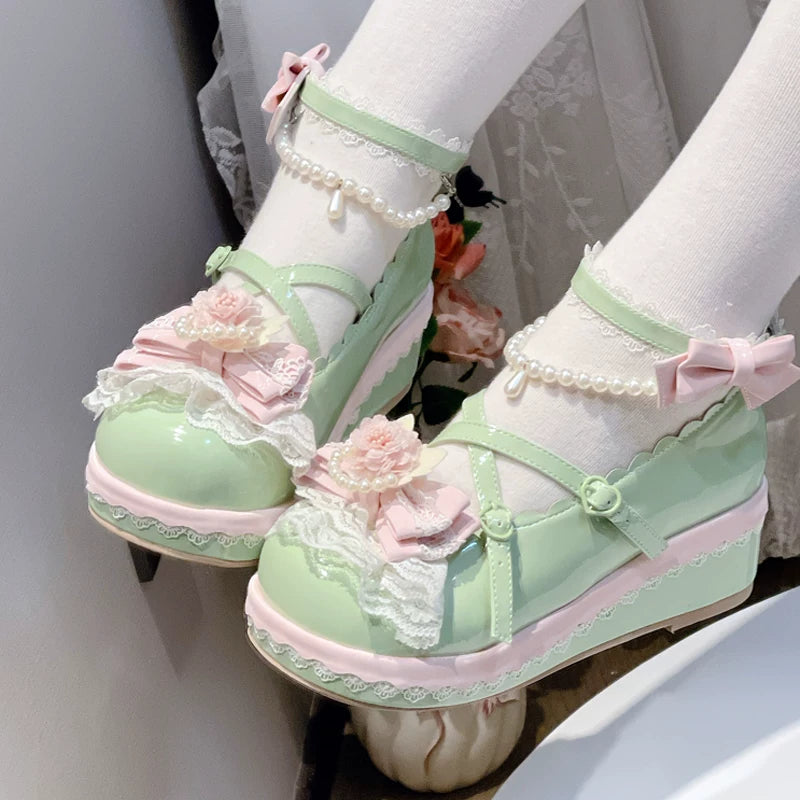 Pearl Floral Reverie - Sweet Lolita Shoes, Detachable Pearl Chain and Floral Accent (Green / 34 35 36 37 38 39 40 41) 45531:852217