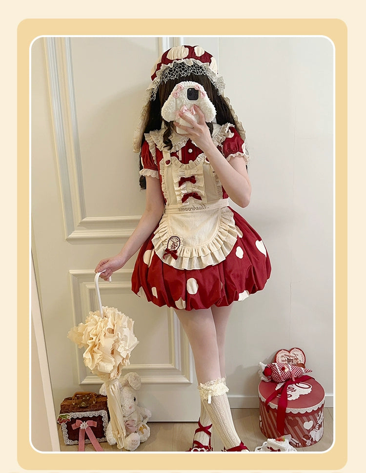 Sakurahime - Mushroom - Kawaii Lolita OP Dress with Apron and Detachable Sleeves OP+ apron S