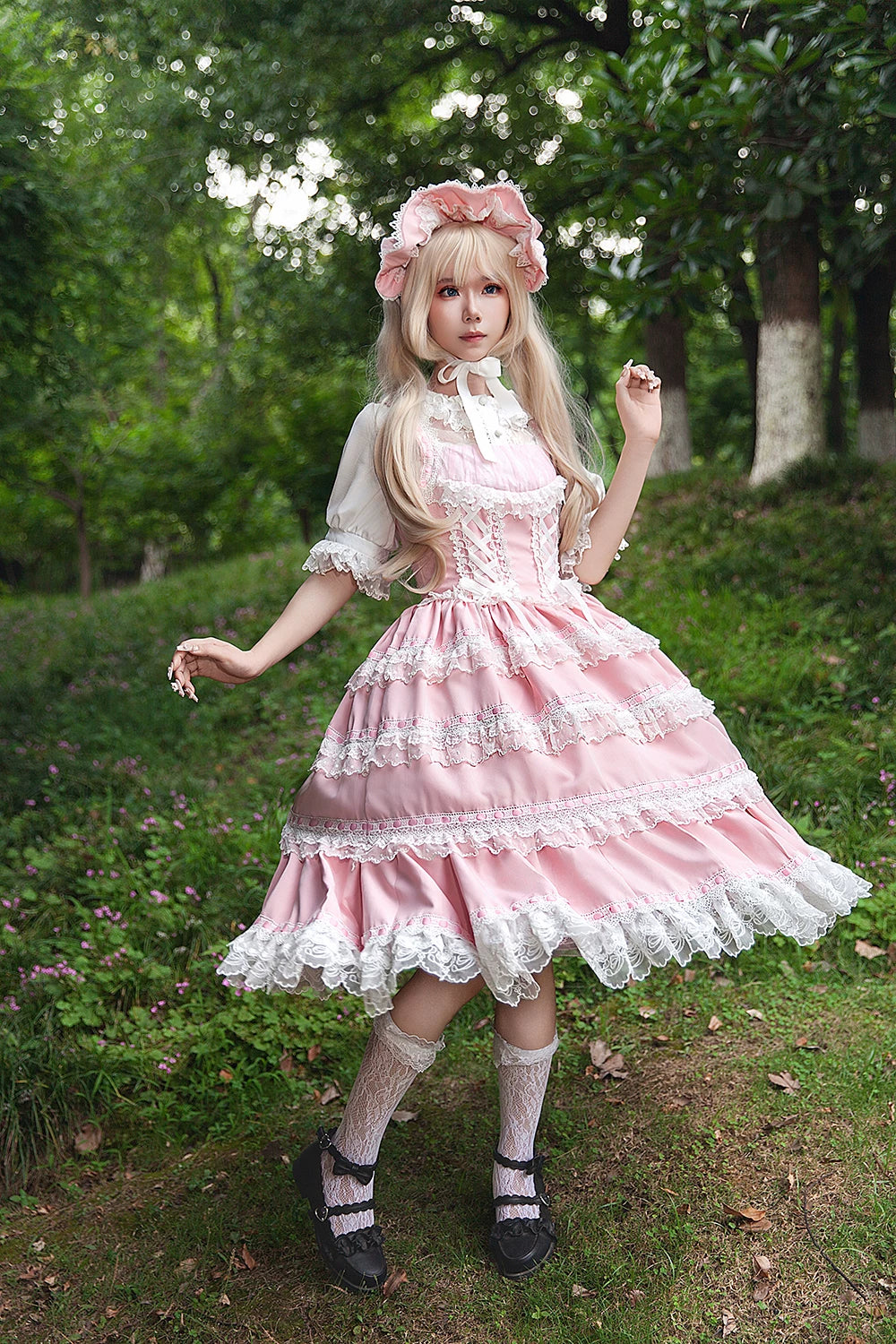 Mirror Doll - Old School Lolita Tiered Hem JSK with Polka Dot Lace 45540:853685