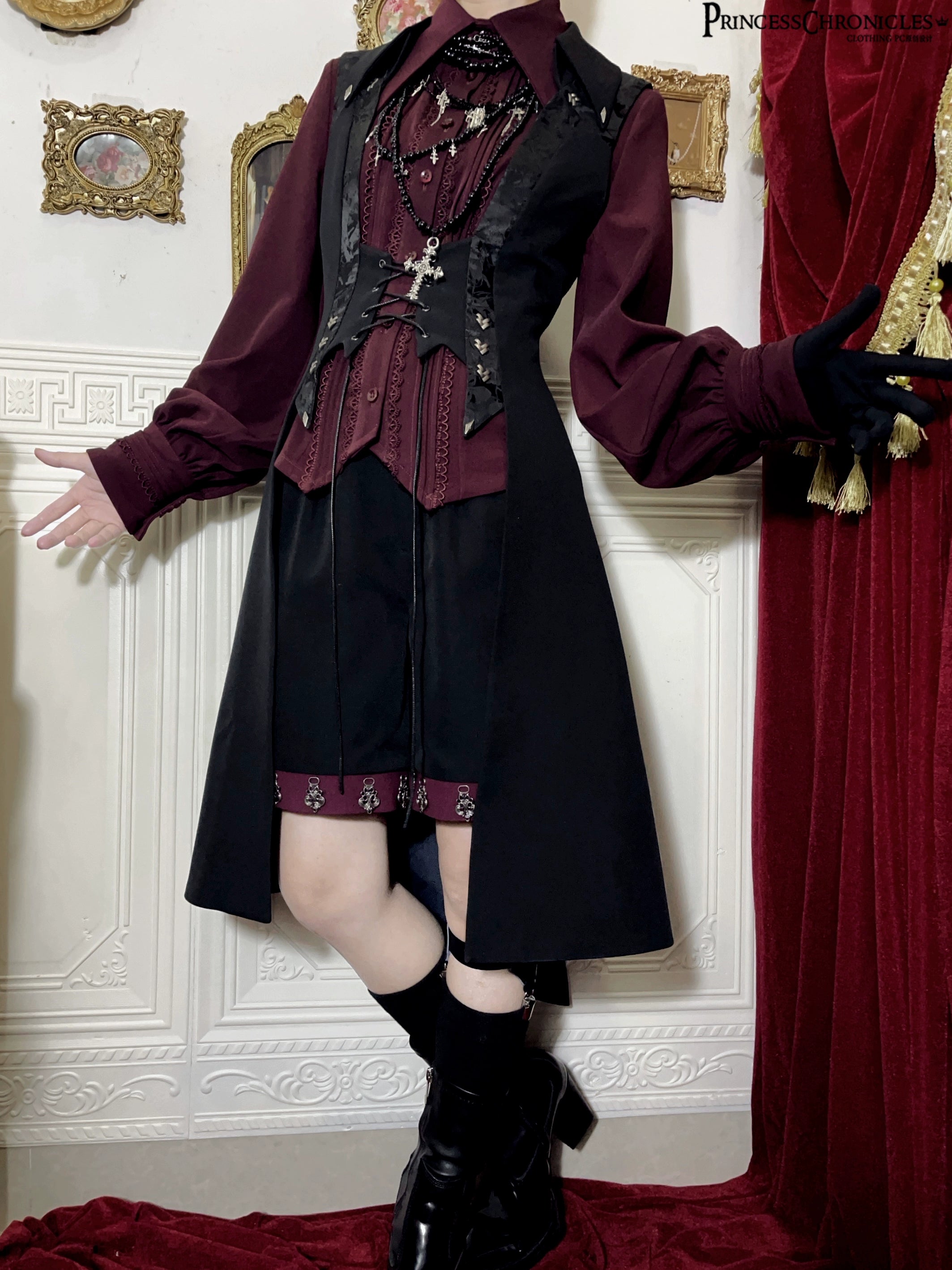 Princess Chronicles - Red and Black 4.0 - Ouji Lolita Shorts Outfit Long Vest Prince Blouse