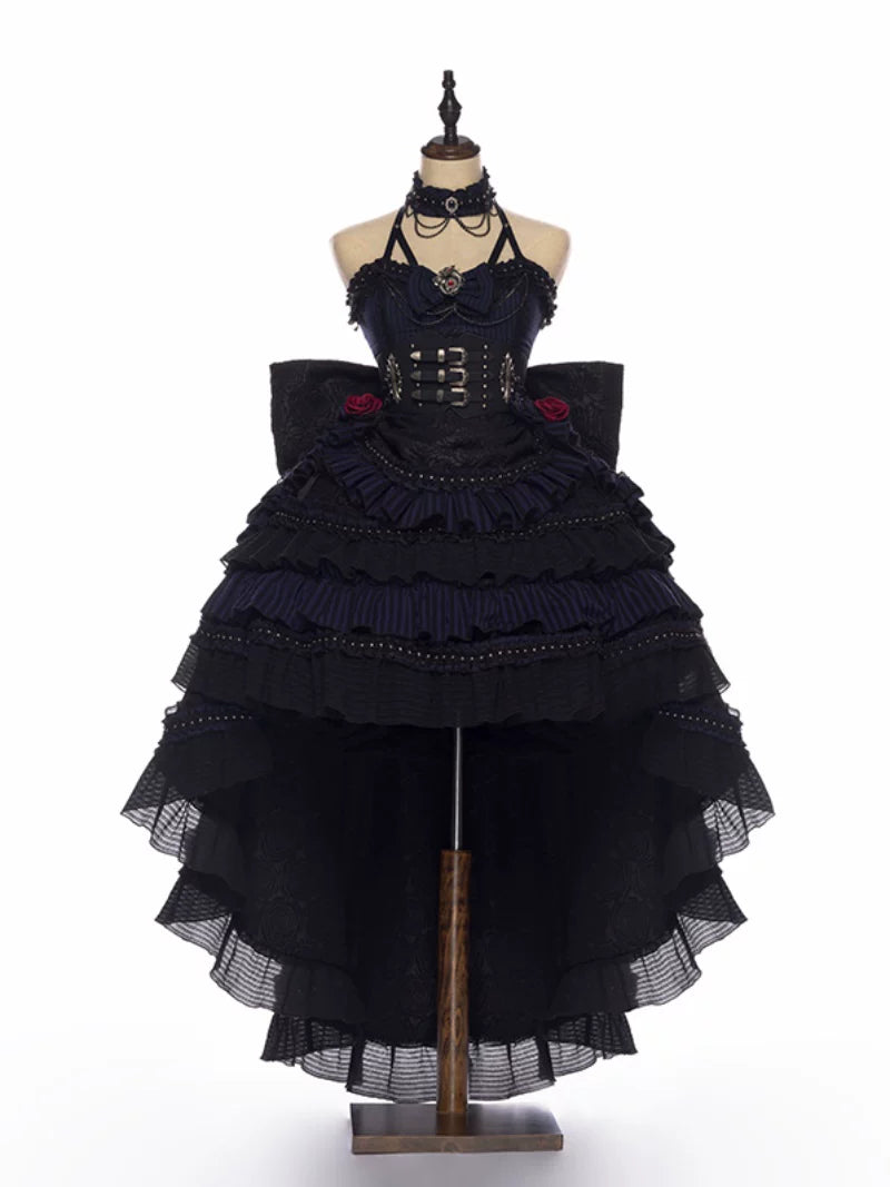 Ismailia - Gothic Lolita JSK Dress, Lace & Rose FS (jsk+bnt+choker+back trailing+waist cincher) One Size