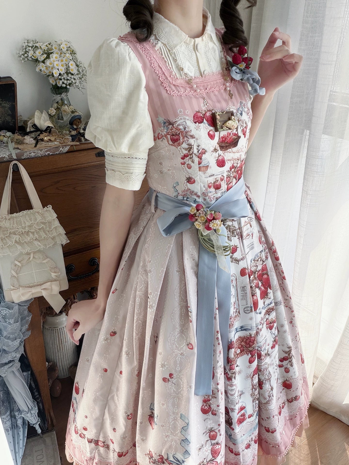 Strawberry Manor - Printed Sweet Lolita JSK Dress, Box Pleats 45025:832891