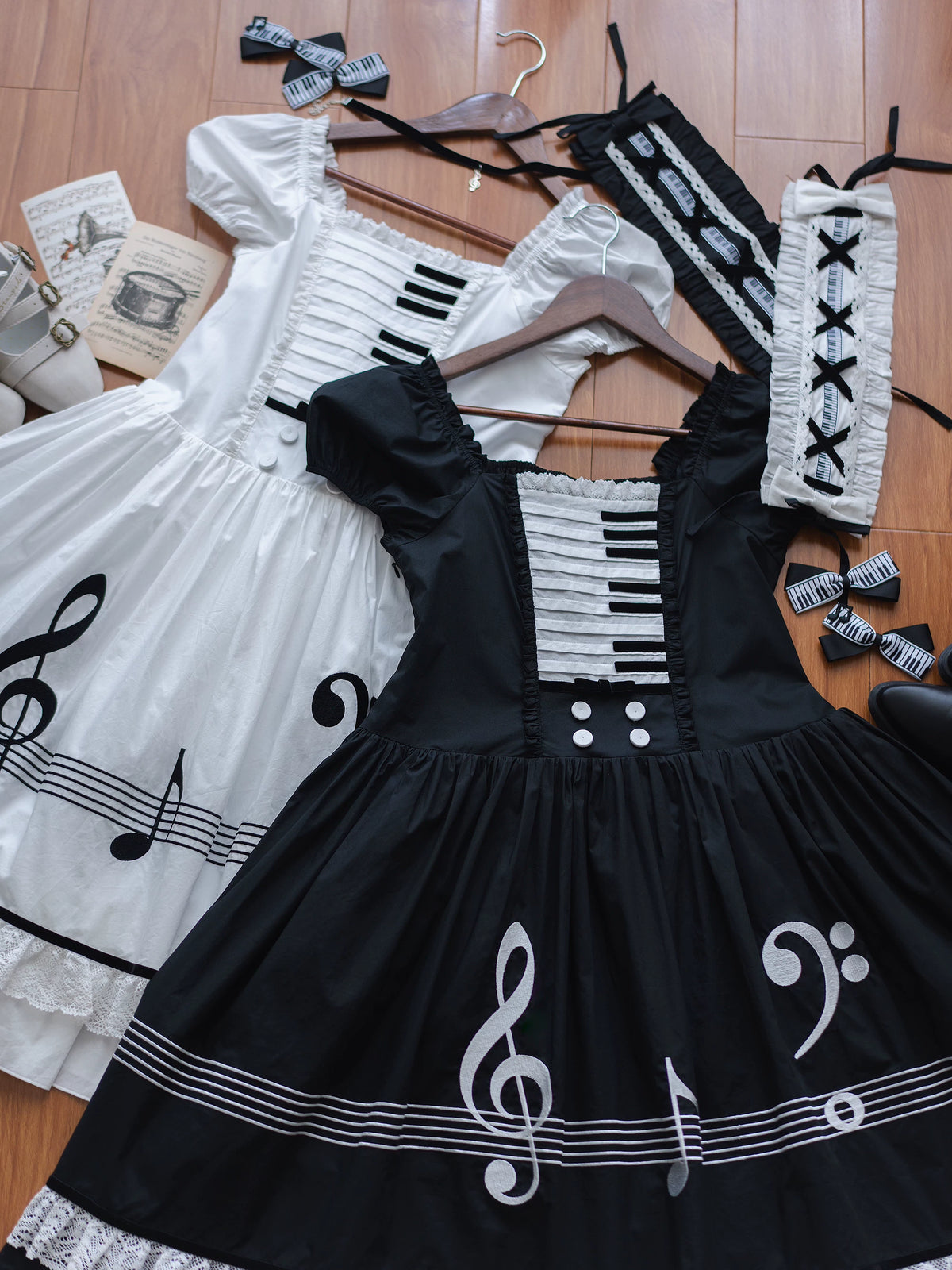 Piano's Letter - Cotton Old School Lolita OP Dress Set, Piano Note Embroidery 46029:873016