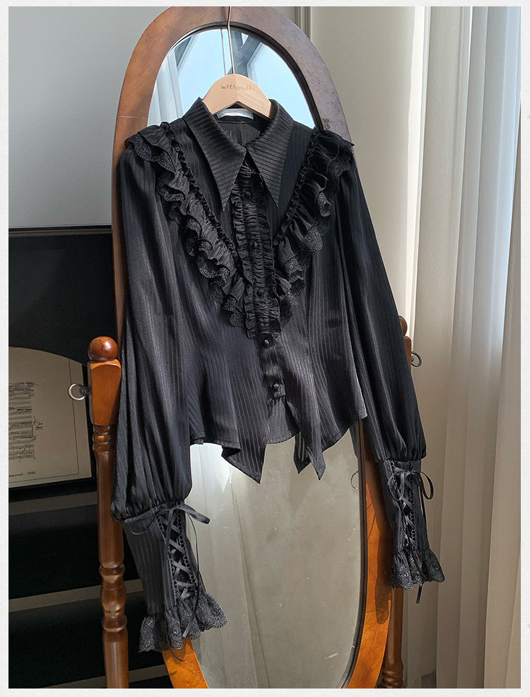 With PUJI - Charlotte - Elegant Lolita Blouse Summer Shirt with Lantern Sleeves Black Blouse Only - pre order S