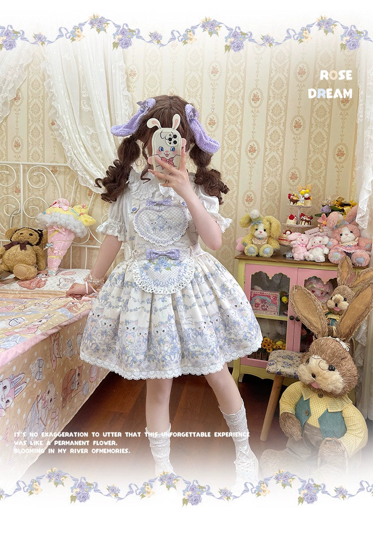 Akiyama Future Studio - Rose Cat - Sweet Lolita Salopette Floral Print Dress