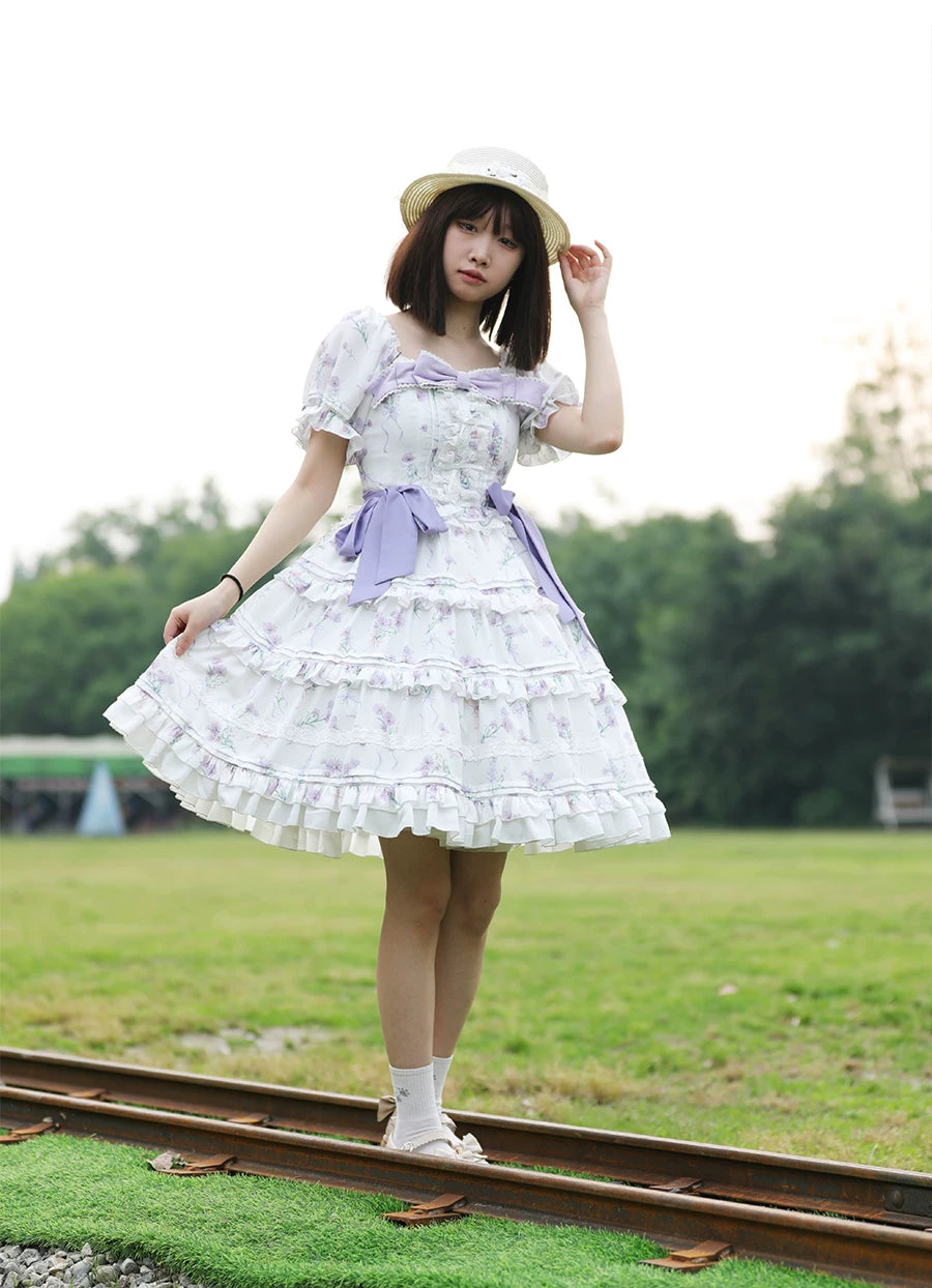 Purple Blossom Romance - Chiffon Classic Lolita OP Dress, Floral Print Milky White OP + A Hair Clip S